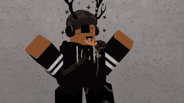 a cartoon character with antlers and headphones is holding a cookie