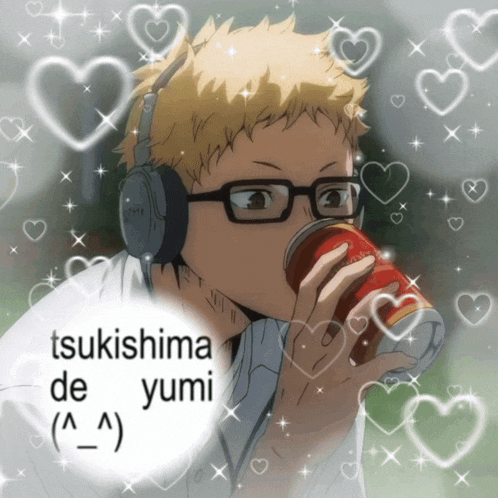 a picture of a boy wearing headphones and drinking from a can with the name tsukishima de yumi on the bottom