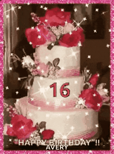 a pink and white birthday cake with the number 16 on it .