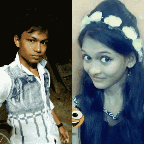 a boy and a girl are posing for a picture and the girl is wearing a flower crown