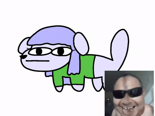 a drawing of a dog wearing glasses and a green shirt next to a picture of a man wearing sunglasses