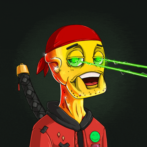 a cartoon character with a red headband and a green eye