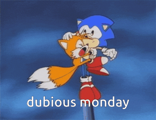 a cartoon of sonic the hedgehog and tails hugging each other with the words dubious monday below them
