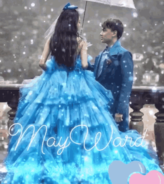 a woman in a blue dress is holding an umbrella next to a man in a blue suit and the words may ward are visible