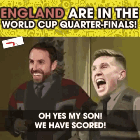 two men are standing next to each other and one of them says " oh yes my son we have scored "