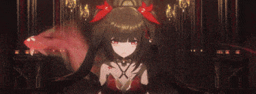 a close up of a girl with red eyes