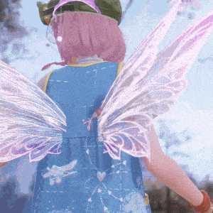 a girl with pink hair and fairy wings is wearing a blue vest