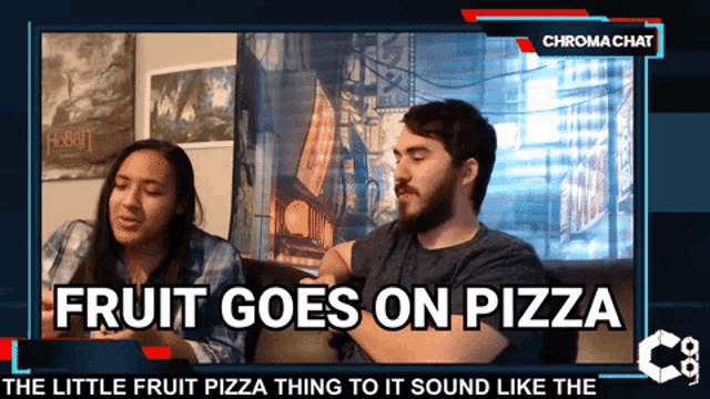 a man and woman sit on a couch with the words fruit goes on pizza