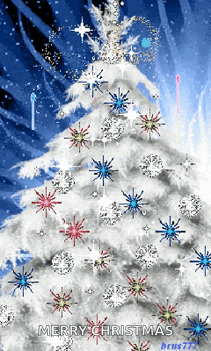 a merry christmas greeting card with a white christmas tree and snowflakes