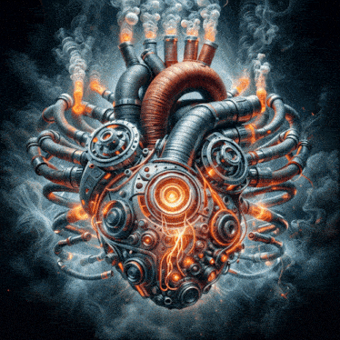 a mechanical heart with smoke coming out of it and a lightning bolt