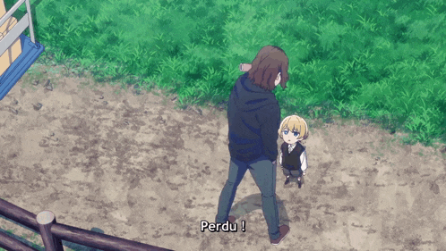 a man standing next to a girl with the word perdu written on the ground