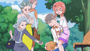 a group of people are standing around a dog
