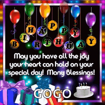 a happy birthday card with balloons , presents , and a cake .