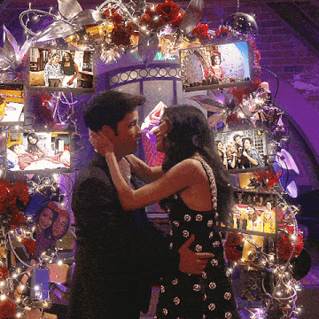 a man and woman are kissing in front of a collage of photos