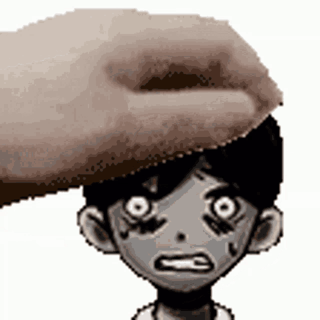 a hand is holding a cartoon character 's head with a surprised look on his face .