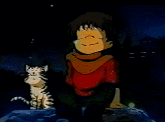 a cartoon character is sitting next to a cat
