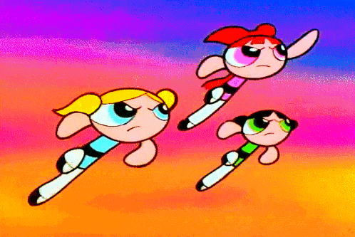 the powerpuff girls are flying through the air with a colorful background