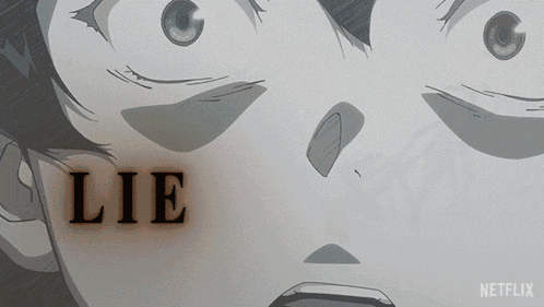 a close up of a person 's face with the word lie written on it