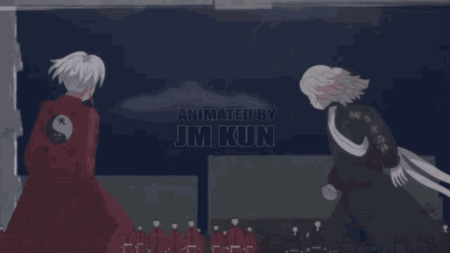 a cartoon of two men fighting with the words animated by jm kun on the bottom