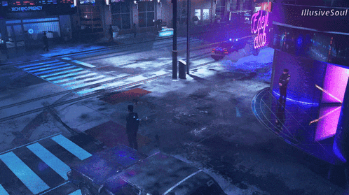 a street scene with a sign that says illusive soul on it