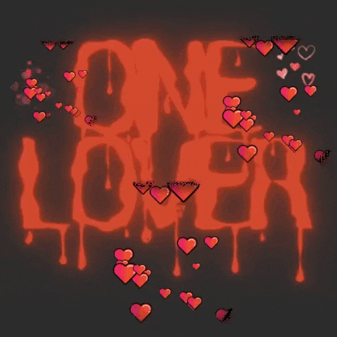 the word one lover is surrounded by hearts on a black background