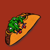 a cartoon drawing of a taco with a green monster on top