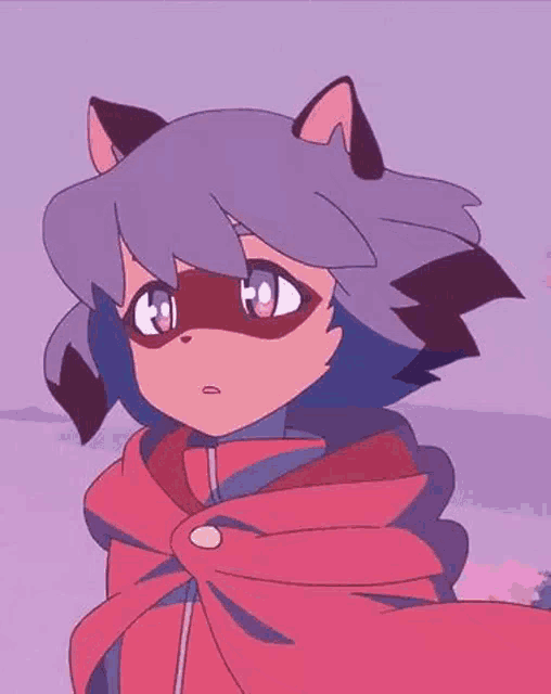 a cartoon girl with a raccoon mask is wrapped in a red cape .