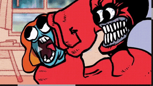 a cartoon drawing of a red monster holding a blue monster