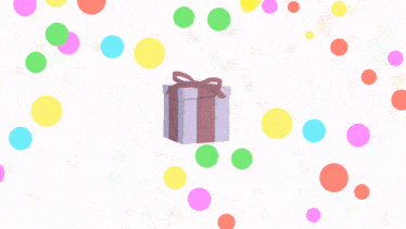 a gift box with a bow is surrounded by colorful circles on a white background