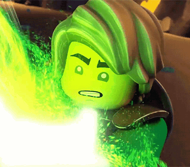 a close up of a lego character with green hair and a green face