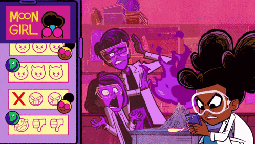 a cartoon of a girl named moon girl looking at her cell phone