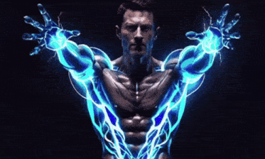 a shirtless man is surrounded by blue lightning bolts