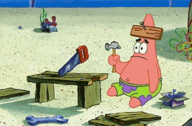 patrick star from spongebob is holding a hammer and saw