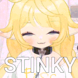 a girl with a collar around her neck is smiling and the word stinky is on the bottom