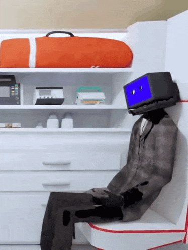 a cartoon character with a blue box on his head