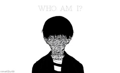 a drawing of a man wearing a blue hoodie with the words who am i written above him