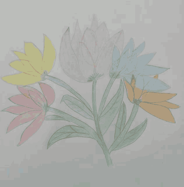 a drawing of colorful flowers with green leaves on a white background