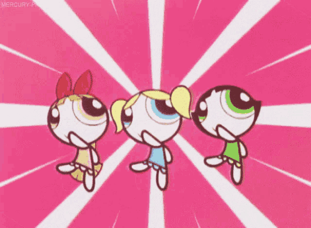 three girls from the powerpuff girls are dancing in a pink background