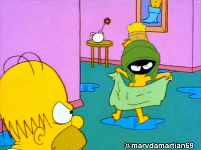 a cartoon of homer simpson and marvin the martian with the hashtag marvdamartian69