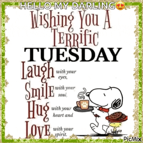 snoopy is holding a tray with a cup of coffee and a cookie .