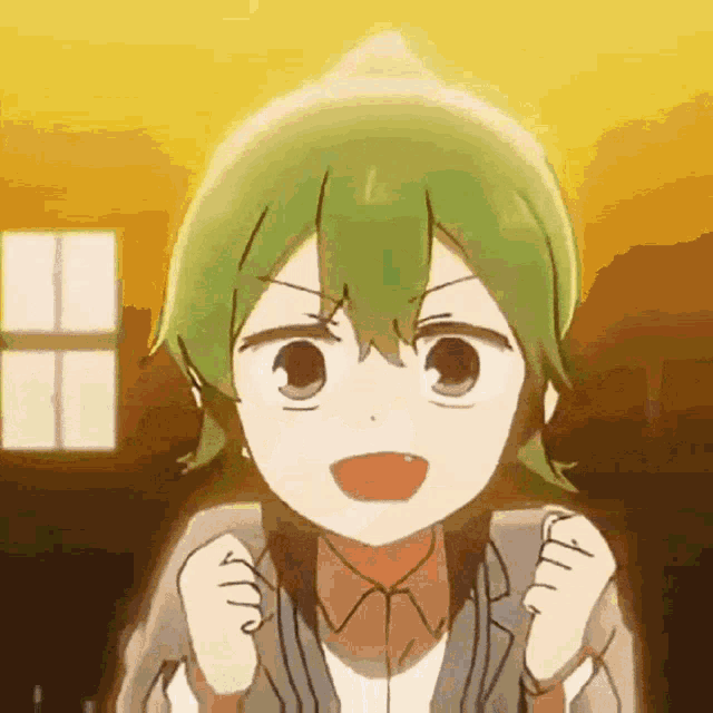 a cartoon character with green hair is making a fist gesture