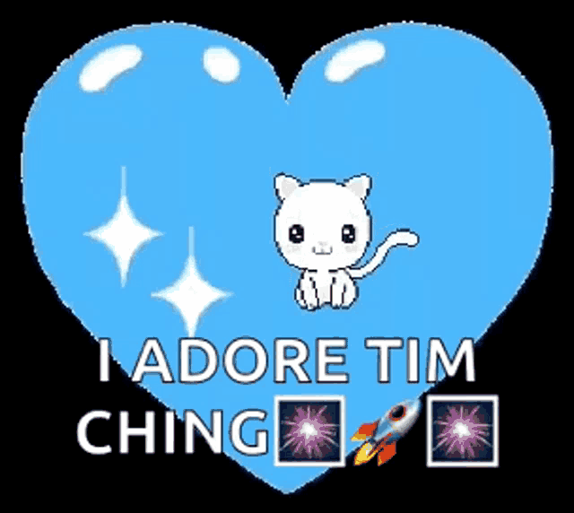 a blue heart with a white cat and the words i adore tim ching on it