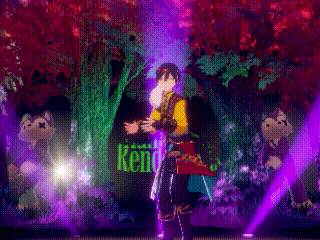 a man in a red coat is dancing in a forest with two husky dogs .