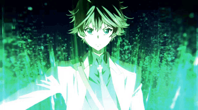 a man in a white suit and tie is surrounded by a green background