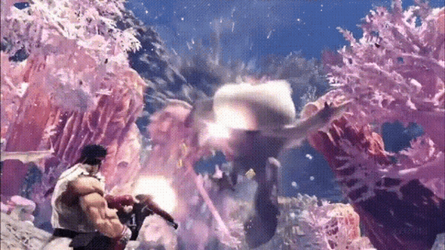 a video game character is fighting a giant monster