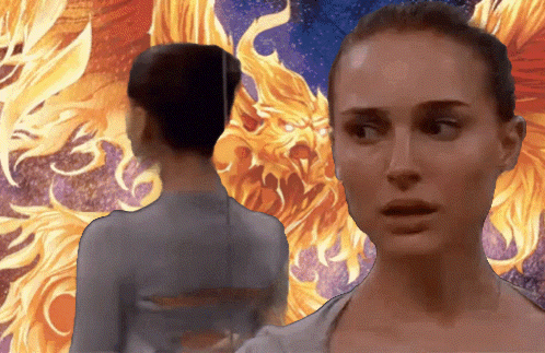a woman stands in front of a fire background