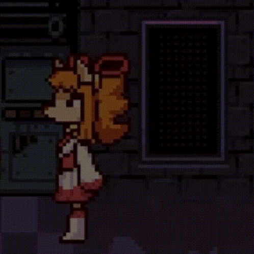 a pixel art of a girl holding a sword in front of a clock