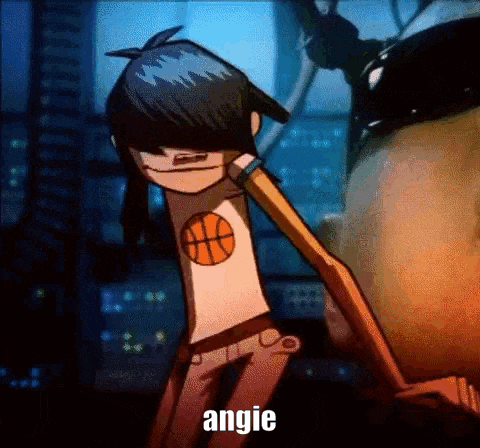 a cartoon character with a basketball on his shirt is standing next to a man and says angie .