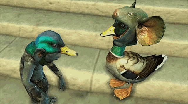 a duck with a dragon head is standing next to another duck with a frog head