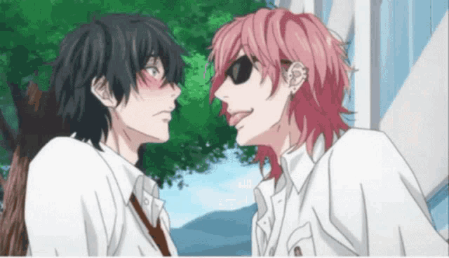 a couple of anime characters one with pink hair and sunglasses